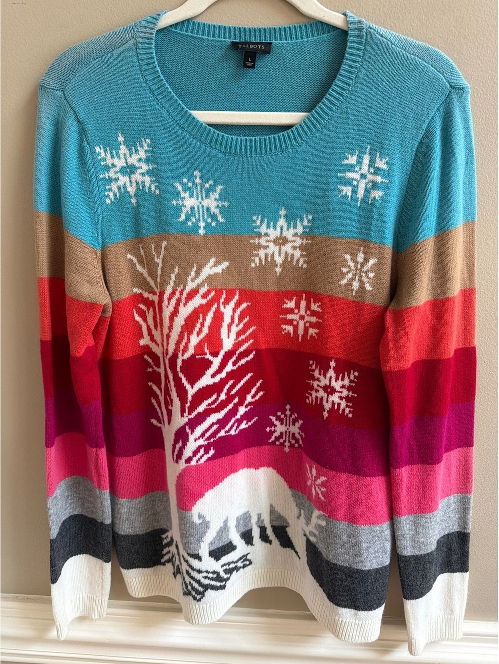 Talbots Winter Landscape Holiday Sweater Wool Mohair Blend Sunset Stripe L